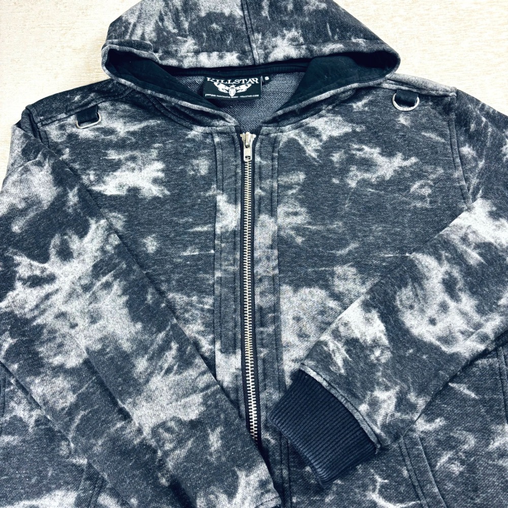 Killstar Black Tie Dye Hoodie Goth Unisex Heavyweight Lace Up Sides Long Sz S